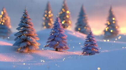 Beautiful winter landscape with frosted trees and soft glowing lights in a serene snowy setting at sunset