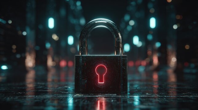 High-Tech Padlock with Glowing Fingerprint in Cyber Environment