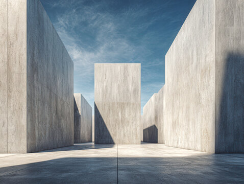 Minimalist architectural scene featuring tall concrete cubes arranged with sharp shadows under a dramatic sky at golden hour in an open urban plaza - Powered by Adobe