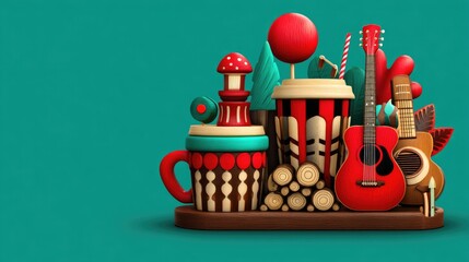 Colorful and Creative Arrangement of Cups, Guitars, and Decorative Elements on a Bright Background