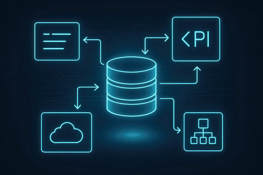 Database icon connected to cloud, KPI, and flowchart in digital network storage information
