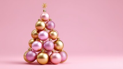 Decorative Christmas Tree Shaped with Sparkling Ornaments in Pink and Gold Colors Against a Soft Pink Background