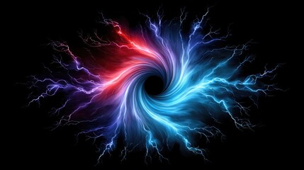 Vibrant Energy Swirl with Blue and Red Lightning Effects on Black Background for Creative Design Use