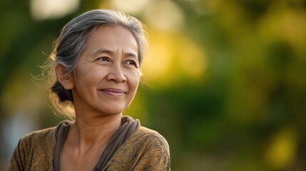 Elegant senior woman smiling outdoors in natural sunlight capturing joy confidence and serenity in a professional lifestyle portrait for diverse market use