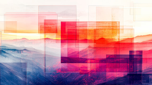 Abstract digital art with layered colorful mountain landscapes and geometric shapes
