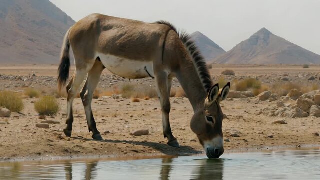 Wild donkey drinking scene in the desert