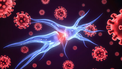Neuron Under Attack by Viruses, Microscopic View of Neurological Infection and Disease