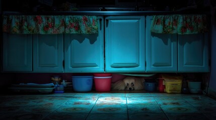 Small Dog Hiding Under Kitchen Cabinets in Dim Light, Cozy and Safe Atmosphere with Colorful Kitchenware