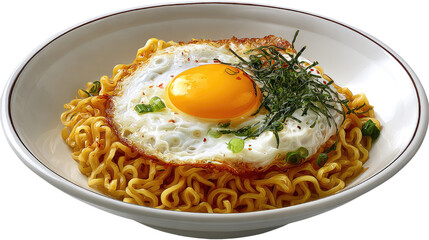 Hot and spicy ramen noodles served with fried egg on top, flavorful Asian comfort soup dish with rich seasoning isolated on white background