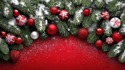 Festive Christmas Pine Branches with Red and Silver Ornaments and Snow on a Bright Red Background
