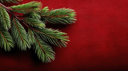 Green Pine Branch on Deep Red Textured Background for Holiday and Seasonal Themes