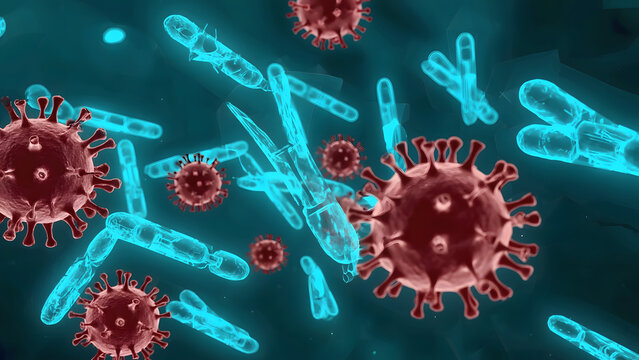 Microscopic Bacteria and Viruses Floating in Blue Liquid, Scientific Medical Illustration