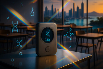 Futuristic biotech device scanning DNA with holographic display