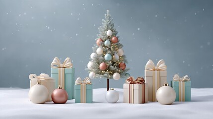 Elegant Christmas Scene with Tree, Gifts, Ornaments, and Soft Snowy Background for Holiday Decoration Ideas