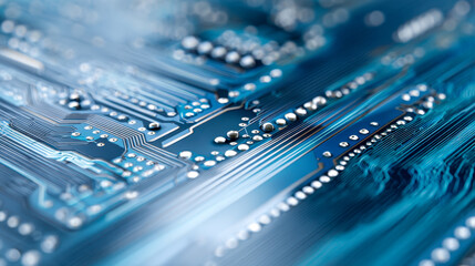 Close-up view of a modern blue printed circuit board showcasing intricate electronic components and detailed circuitry designed for advanced computing systems