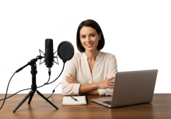 Smiling woman podcaster with microphone and laptop recording podcast interview on desk. content creator. isolated on transparent background
