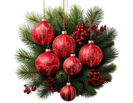  A decorative set of red Christmas tree ornaments paired with lush pine branches, traditional holiday colors and festive theme, isolated on a transparent background