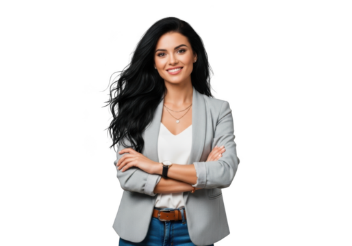 Professional businesswoman portrait with arms crossed, smiling, elegant, confident, isolated on transparent background