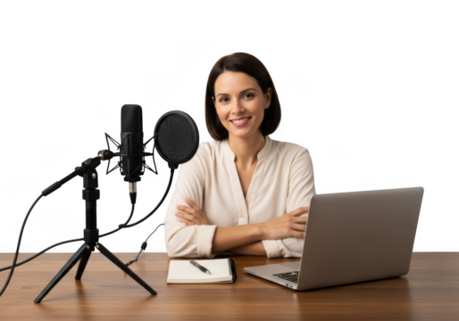 Smiling woman podcaster with microphone and laptop recording podcast interview on desk. content creator. isolated on transparent background