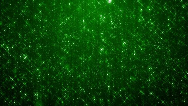 Festive, glittering background of green sparkles, bokeh, and star particles falling diagonally. For St. Patrick's Day or celebrations
