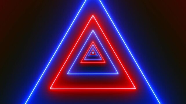 Seamless flight through an endless tunnel of alternating red and blue glowing neon triangles. For gaming, VJ loops, or futuristic concepts - Powered by Adobe