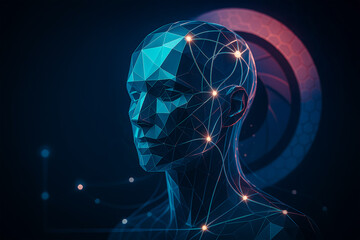 Abstract low-poly humanoid head with neural network nodes