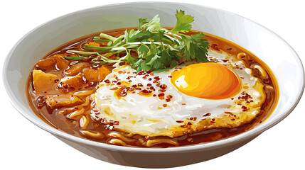 Delicious spicy ramen bowl topped with fried egg, flavorful Asian noodle soup with rich broth and garnishes isolated on white background