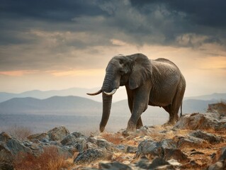 Fototapeta premium Elephant Stroll Majestic Creature on a Hill with Dramatic Sky