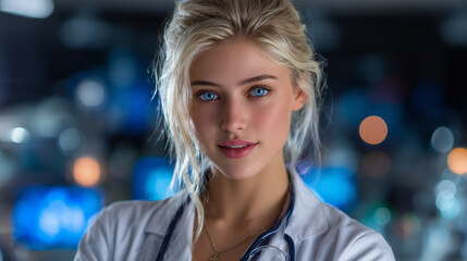 Medium shot , doctor woman , and hospital is background.