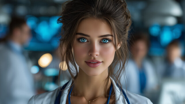 Beautiful doctor woman blue eyes and blod hair , hospital is background.