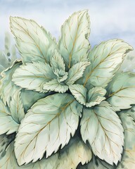 Fototapeta premium Soft Botanical Watercolor — Golden Dew Veins Mint Leaves Wall Art