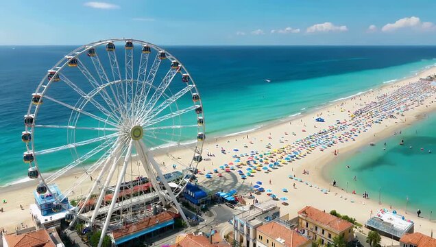 cinematic 4k aerial video rimini aly capturing sunny beaches ferris wheels colorful umbrellas adriatic sea ideal tourism videos showcasing summer vacations coastal beauty