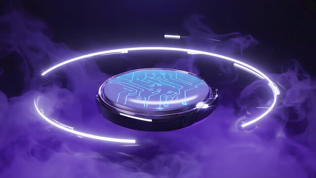 Futuristic Glowing Orb with Circuitry Pattern and Neon Ring in Purple Smoke