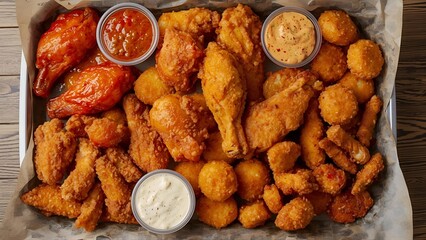 A top view of a fast food tray filled with various types of fried chicken: spicy wings, crispy tenders, drumsticks, boneless strips, and spicy nuggets.