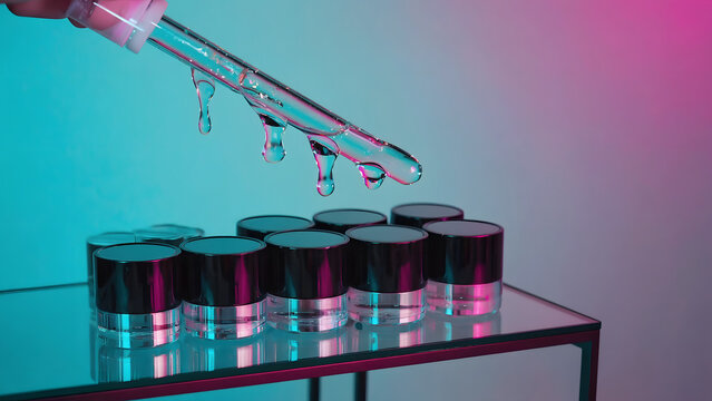 Dropper Dispensing Liquid Into Small Cosmetic Jars Under Neon Lighting - Powered by Adobe