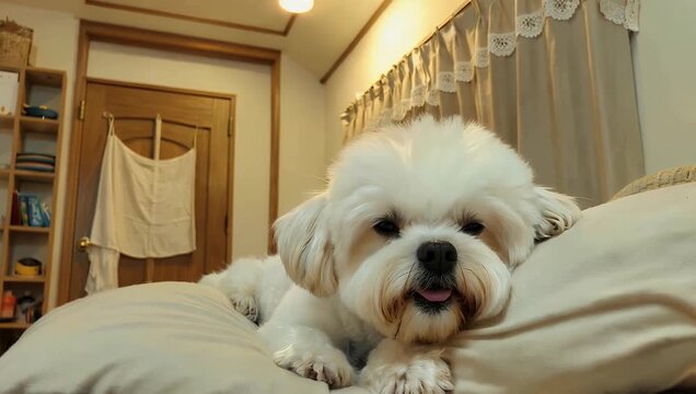 heartwarming 4k close up fluffy pomeranian peacefully resting pillow home filmed natural light capturing calmness coziness comforting essence serene pet moment