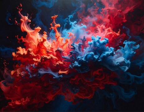 Vibrant abstract artwork featuring swirling red, blue, and orange smoke