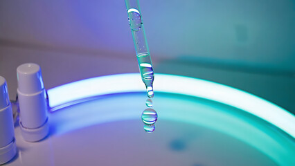 Dropping Liquid From Pipette Into Petri Dish with Blue and Purple Lighting