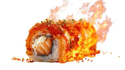 Spicy salmon sushi roll engulfed in blazing flames and fire, dramatic fiery Japanese cuisine concept with intense heat on dark background