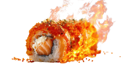 Spicy salmon sushi roll engulfed in blazing flames and fire, dramatic fiery Japanese cuisine concept with intense heat on dark background