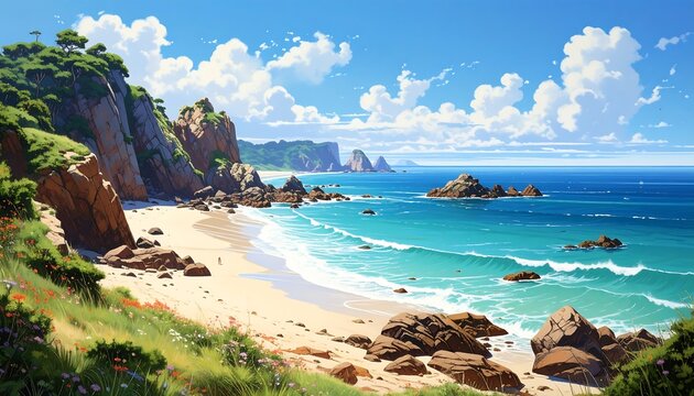 Coastal landscape depicting a sunny day at a beach with waves, cliffs, rocks, greenery, and fluffy clouds. The scene is bright and vivid