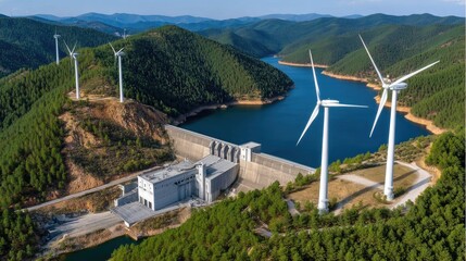 Aerial View of Wind Turbines and Hydro Power Plant Surrounded by Scenic Mountains and Calm Waters
