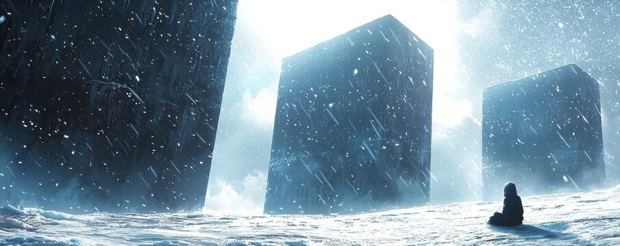 Mysterious icy landscape with large abstract geometric structures