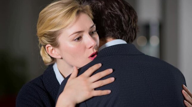 Female boss comforts her corporate lover at work. Office romance