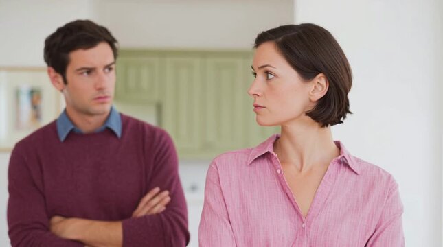 A husband is afraid of disdainful look of his wife since he is guilty. A married man is trying to justify himself in the eyes of his wife, because she suspects him in unfaithfulness