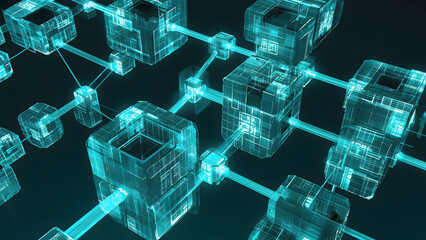 Digital Blockchain Network Connecting Transparent Cubes with Glowing Blue Lines