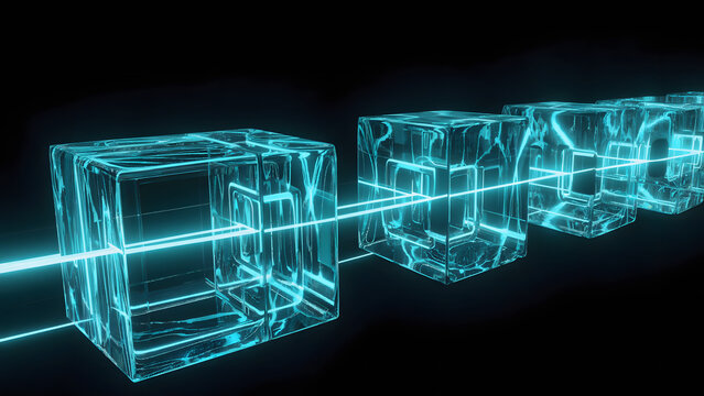 Blockchain Network Digital Cubes Connected by Glowing Blue Light Beam