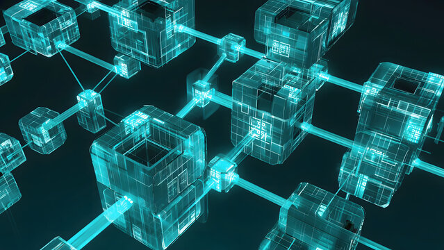 Digital Blockchain Network Connecting Transparent Cubes with Glowing Blue Lines - Powered by Adobe