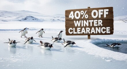 Winter clearance sale with 40 off on products and items with penguins