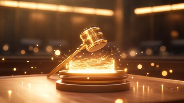 47.A metaphorical illustration of a glowing gavel made of light, symbolizing the purity of truth and justice, floating above a courtroom desk, evoking themes of honesty, integrity, and righteousness.